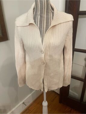 Ann Taylor Cream Ribbed Button-Front Cardigan